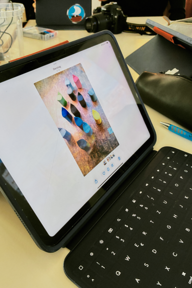 Auswahl und Bearbeitung der Fotografien Eine Fotografie aus dem Workshop „Bilder der Demokratie“ wird auf einem Tablet ausgewählt und für die Ausstellung bearbeitet.